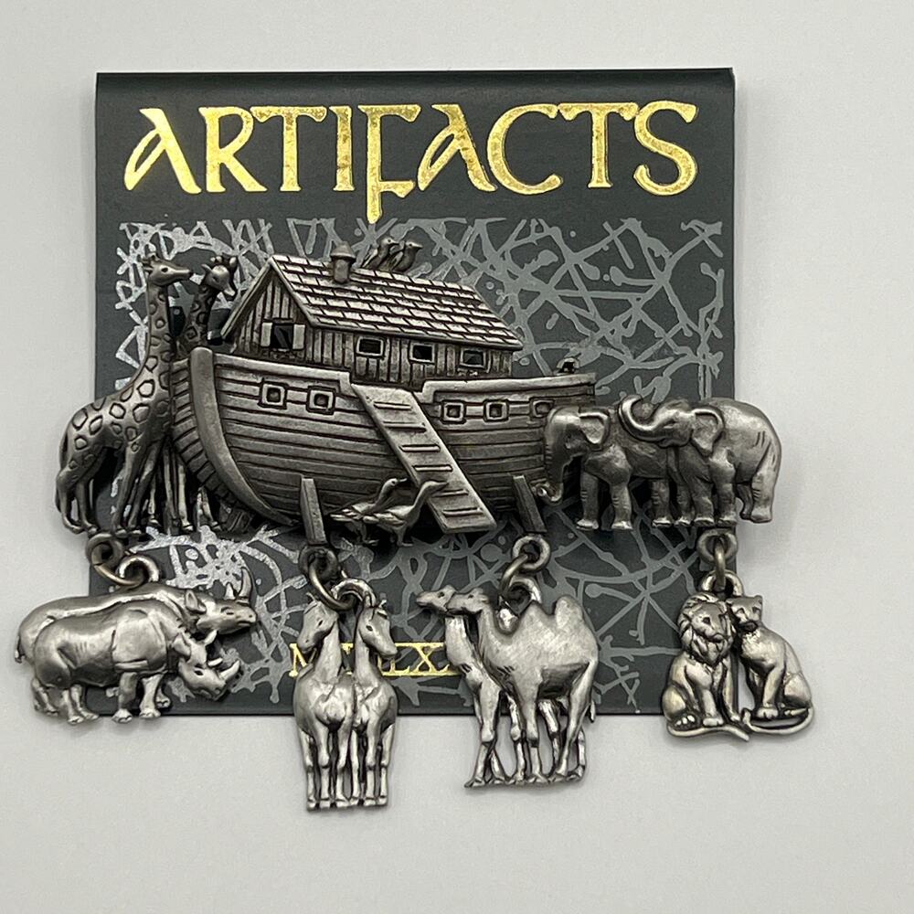 JJ Artifacts Jonette Noah's Arc Brooch Pin Two by Two Silver Tone